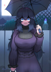 Rule 34 | 1girl, @ @, absurdly long hair, absurdres, ahoge, black hair, breasts, colored sclera, crazy eyes, creatures (company), dress, game freak, gen 1 pokemon, gen 4 pokemon, gen 5 pokemon, gengar, grin, hair between eyes, hairband, hex maniac (pokemon), highres, holding, holding umbrella, john (a2556349), large breasts, litwick, long hair, long sleeves, looking at viewer, messy hair, multiple others, nintendo, open mouth, pokemon, pokemon (creature), pokemon xy, purple hairband, rain, red sclera, rotom, rotom (normal), shadow, signature, silhouette, simple background, smile, turtleneck, umbrella, very long hair