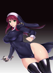 Rule 34 | 1girl, black thighhighs, boots, breasts, cameltoe, cleft of venus, covered erect nipples, covered navel, cowboy shot, cross-laced footwear, curvy, gradient background, green eyes, habit, large breasts, leotard, long hair, long sleeves, no panties, nun, open mouth, original, puffy sleeves, purple hair, rindou (radical dream), shiny skin, side slit, skin tight, sleeve cuffs, solo, sword, taut clothes, thick thighs, thigh boots, thighhighs, thighs, toned, weapon, wide hips