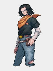 Rule 34 | 1boy, android 17, belt, black hair, black shirt, blue eyes, dragon ball, dragonball z, feet out of frame, kemachiku, long sleeves, looking at viewer, male focus, pants, pouch, red ribbon army, shirt, short hair, smile, solo, torn clothes, torn pants, white shirt
