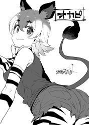 Rule 34 | 1girl, animal ears, animal print, bare shoulders, bow, bowtie, closed mouth, cutoffs, dated, detached sleeves, extra ears, from side, greyscale, hair between eyes, happa (cloverppd), kemono friends, leaning forward, looking at viewer, medium hair, monochrome, multicolored hair, necktie, okapi (kemono friends), okapi ears, okapi tail, outstretched arm, pantyhose, pantyhose under shorts, pocket, print neckwear, print pantyhose, print sleeves, shirt, short shorts, shorts, signature, smile, solo, tail