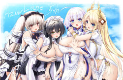 Rule 34 | 4girls, absurdly long hair, absurdres, artist name, azur lane, black hair, black neckerchief, black sailor collar, black skirt, blonde hair, blue eyes, breasts, center opening, china dress, chinese clothes, choker, cleavage, cleavage cutout, clothing cutout, copyright name, cowboy shot, cutout above navel, dress, dress flower, feather dress, folding fan, formidable (azur lane), formidable (timeless classics) (azur lane), frilled choker, frills, garter straps, gold trim, green eyes, hand fan, highres, holding, holding fan, hug, hug from behind, huge breasts, illustrious (azur lane), illustrious (maiden lily&#039;s radiance) (azur lane), indomitable (azur lane), indomitable (ms. motivationless maid) (azur lane), laurel crown, leaning on person, long hair, looking at viewer, maid headdress, miniskirt, multiple girls, navel cutout, neckerchief, official alternate costume, open mouth, pantyhose, pelvic curtain, pleated skirt, raranokusu, red eyes, sailor collar, short sleeves, skirt, sleeveless, sleeveless dress, stomach cutout, thighhighs, twintails, two-tone dress, two-tone ribbon, veil, very long hair, victorious (azur lane), victorious (guidance of the spring goddess) (azur lane), white dress, white garter straps, white hair, white pantyhose, white thighhighs