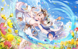 Rule 34 | 1girl, animal ears, bird, birdcage, bostaurus (pride of eden), breasts, cage, copyright name, dress, field, flower, flower field, forehead, hair flower, hair ornament, highres, horns, jewelry, large breasts, long hair, multicolored hair, nail polish, no panties, official art, open mouth, outdoors, paint musume, petals, red: pride of eden, sideboob, sky, solo, tail, thighhighs, yellow eyes