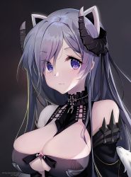 Rule 34 | 1girl, artist name, august von parseval (azur lane), azur lane, bare shoulders, blue eyes, breasts, cleavage, clothing cutout, commentary, english commentary, gloves, horns, kana yukino, large breasts, long hair, looking at viewer, mechanical horns, purple eyes, solo, upper body, very long hair, white gloves