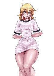 Rule 34 | 1girl, absurdres, ahoge, arms behind back, blonde hair, blue eyes, breasts, female focus, hair between eyes, highres, legs, looking at viewer, medium hair, meme, narrow waist, nell (nisego), nisego, original, pajamas challenge, pulled by self, shirt, simple background, small breasts, solo, standing, t-shirt, taut clothes, taut shirt, thick thighs, thighs, white background, wide hips