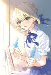 Rule 34 | 1girl, :d, ahoge, artoria pendragon (all), artoria pendragon (fate), blonde hair, blue ribbon, blue skirt, blush, braid, collared shirt, fate/stay night, fate (series), food, green eyes, hair between eyes, hair ribbon, holding, holding food, looking at viewer, neck ribbon, open mouth, pleated skirt, popsicle, pov, ribbon, saber (fate), shirt, short hair, short sleeves, sitting, skirt, smile, solo, wasa (wanosabi), white shirt, wing collar