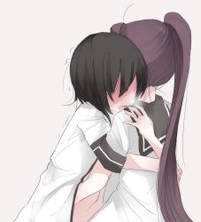 Rule 34 | 2girls, bad id, bad pixiv id, beige background, black hair, black sailor collar, blouse, blush, breath, commentary request, couple, dress, from behind, from side, full-face blush, funami yui, hair intakes, hair over eyes, hand on another&#039;s stomach, hand under clothes, hand under shirt, highres, hug, long hair, midriff, multiple girls, nanamori school uniform, nateco, navel, no eyes, open mouth, ponytail, purple hair, sailor collar, sailor dress, school uniform, shirt, short hair, short sleeves, simple background, stomach, sugiura ayano, trembling, very long hair, white shirt, yuri, yuru yuri