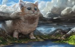 Rule 34 | animal, assasinmonkey, blue sky, cat, cloud, cloudy sky, day, fantasy, grass, mountain, no humans, original, outdoors, oversized animal, river, sky, solo, standing, tree, water