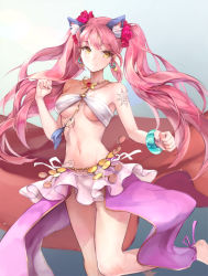Rule 34 | 1girl, animal ears, belly chain, bracelet, cat ears, dancer, flower, hair flower, hair ornament, jewelry, looking at viewer, midriff, nail polish, navel, necklace, original, pink eyes, pink hair, puky, shoulder tattoo, skirt, smile, solo, tattoo, twintails, yellow eyes