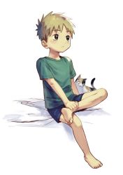 Rule 34 | 1boy, barefoot, blonde hair, cat, child, green eyes, green shirt, holding own foot, kimura b, looking away, male focus, original, shirt, short sleeves, shorts, simple background, sitting, solo, t-shirt, white background
