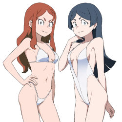 2girls alternate_hairstyle barbara_parker bikini black_hair breasts cleavage hair_down hannah_england highleg highleg_one-piece_swimsuit little_witch_academia long_hair looking_at_viewer multiple_girls one-piece_swimsuit orange_hair satochi swimsuit white_bikini