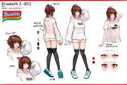 Rule 34 | 1girl, arm behind back, arm up, ass, back, black bra, black thighhighs, blush, bra, character name, character sheet, closed mouth, color guide, diamond-shaped pupils, diamond (shape), grey pupils, hair ornament, hairpin, half-closed eyes, highres, hood, hood down, hoodie, liz (nin fake), long hair, multiple views, nin fake, open mouth, original, ponytail, red eyes, see-through, shirt, shoes, short hair, skindentation, smile, sneakers, stats, symbol-shaped pupils, t-shirt, teeth, thighhighs, underwear, upper teeth only, white footwear