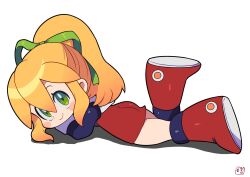 Rule 34 | 1girl, blonde hair, boots, closed mouth, commentary, dress, from side, green eyes, green ribbon, hair between eyes, hair ribbon, highres, knee boots, leg up, long hair, long sleeves, looking at viewer, looking to the side, lying, mega man (classic), mega man (series), miyata (lhr), on stomach, ponytail, red dress, red footwear, ribbon, roll (mega man), short dress, sidelocks, simple background, smile, solo, white background