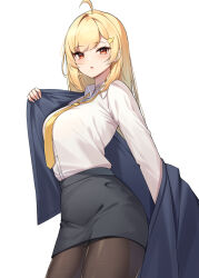 Rule 34 | 1girl, absurdres, ahoge, black skirt, blonde hair, blue jacket, breasts, brown pantyhose, collared shirt, cowboy shot, dress shirt, highres, jacket, jingburger, large breasts, long hair, long sleeves, looking at viewer, medium breasts, miniskirt, necktie, off shoulder, open clothes, open jacket, open mouth, pantyhose, pencil skirt, red eyes, shirt, shirt tucked in, simple background, skirt, solo, standing, virtual youtuber, waktaverse, white background, white shirt, ziro (zirorong)