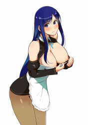 Rule 34 | 1girl, apron, bare shoulders, blue eyes, blue hair, blush, breasts, brown pantyhose, cowboy shot, dream c club, dream c club (series), female focus, large breasts, long hair, looking at viewer, matching hair/eyes, nipples, pantyhose, reika (dream c club), simple background, solo, tokiwa mmm, very long hair, white background