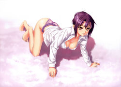 Rule 34 | 1girl, absurdres, all fours, bare legs, barefoot, breasts, brown eyes, cleavage, collarbone, dress shirt, frilled panties, frills, highres, kannatsuki noboru, lips, looking at viewer, panties, parted lips, purple hair, purple panties, shinkyoku soukai polyphonica, shiny skin, shirt, short hair, solo, tsuge eufinley, unbuttoned, underwear