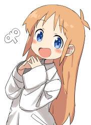 Rule 34 | 1girl, :d, absurdres, blue eyes, blush, coat, collared shirt, gazacy (dai), hands up, highres, lab coat, long hair, long sleeves, looking at viewer, nichijou, open mouth, orange hair, own hands together, professor shinonome, shirt, simple background, sleeves past wrists, smile, solo, steepled fingers, upper body, white background, white coat, white shirt