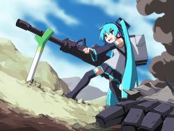 Rule 34 | 1girl, absurdly long hair, black footwear, black skirt, blue eyes, blue hair, blue sky, boots, day, detached sleeves, gun, hatsune miku, highres, holding, holding gun, holding weapon, knee boots, long hair, long sleeves, looking away, open mouth, outdoors, pleated skirt, skirt, sky, solo, standing, sweatdrop, twintails, very long hair, vocaloid, weapon, yachima tana