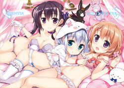 Rule 34 | 2015, 3girls, :d, alternate hairstyle, animal ears, animal hood, anko (gochiusa), anko (gochuumon wa usagi desuka?), antique phone, bare shoulders, bed, black hair, blue bra, blue eyes, blue panties, blush, blush stickers, bow, bow bra, bow panties, bowtie, bra, braid, breasts, bridal garter, bustier, canopy bed, choker, circle name, cleavage, collarbone, crown, curtains, dated, fake animal ears, frilled bra, frilled panties, frills, fujima takuya, gloves, gochuumon wa usagi desu ka?, groin, hair ornament, hair over shoulder, hair ribbon, hairclip, hip focus, holding hands, hood, hoodie, hoto cocoa, indoors, interlocked fingers, kafuu chino, light smile, lingerie, long hair, looking at viewer, lying, multiple girls, navel, on back, on bed, on side, open mouth, orange eyes, orange hair, panties, parted lips, phone, pillow, pink bra, pink panties, plaid, polka dot, polka dot bra, polka dot panties, purple eyes, reclining, ribbon, rotary phone, short hair, side-tie panties, sideboob, sidelocks, silver hair, small breasts, smile, strap slip, strapless, stuffed animal, stuffed rabbit, stuffed toy, tedeza rize, thigh gap, thighhighs, tippy (gochiusa), tippy (gochuumon wa usagi desuka?), transparent, twin braids, underwear, underwear only, white bra, white gloves, white legwear, white panties, wild geese, window, wings, wrist ribbon, x hair ornament