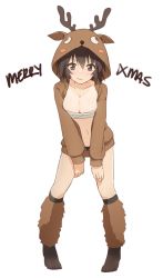 Rule 34 | 1girl, animal costume, antlers, azumanga daiou, black hair, blush, breasts, brown eyes, cleavage, coupon (4chan), english text, full body, highres, horns, kagura (azumanga daioh), looking at viewer, medium breasts, merry christmas, midriff, navel, reindeer costume, simple background, smile, solo, standing, text focus