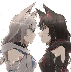 Rule 34 | 2girls, absurdres, ahoge, animal ear fluff, animal ears, bare shoulders, black hair, black sailor collar, blue eyes, blue ribbon, braid, breasts, closed mouth, commentary, detached sleeves, dual persona, eye contact, face-to-face, fox ears, fox girl, from side, grey hair, grin, hair between eyes, highres, hololive, kohiiro, kurokami fubuki, long hair, looking at another, making-of available, medium breasts, multiple girls, parted lips, profile, red eyes, red ribbon, ribbon, sailor collar, shirakami fubuki, side braid, smile, staring, staring contest, upper body, virtual youtuber, white background, white sailor collar