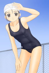 Rule 34 | 1girl, chain-link fence, cowboy shot, day, fence, hand on own thigh, one-piece swimsuit, outdoors, school swimsuit, solo, swim cap, swimsuit, takafumi
