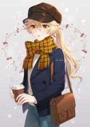 Rule 34 | 1boy, aether (genshin impact), alternate costume, alternate hairstyle, androgynous, ar (rikuesuto), blonde hair, brown hat, cup, disposable cup, earrings, genshin impact, hat, holding, holding cup, jewelry, long hair, long sleeves, looking at viewer, male focus, orange scarf, parted lips, ponytail, round eyewear, scarf, single earring, trap, yellow eyes