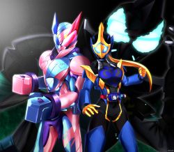 Rule 34 | 1girl, 2boys, absurdres, aqua eyes, armor, blue armor, blue eyes, blue footwear, blue gloves, bodysuit, boots, boxing gloves, breasts, brother and sister, clenched hand, cobra (animal), cobra genome, driver (kamen rider), gloves, glowing, glowing eyes, heterochromia, highres, kamen rider, kamen rider evil, kamen rider jeanne, kamen rider revi, kamen rider revice, kangaroo, kangaroo genome, libera driver, medium breasts, multiple boys, pink armor, pink gloves, ponytail, red eyes, reiei 8, siblings, thigh boots, thighhighs, tokusatsu, yellow gloves