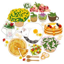 Rule 34 | animal focus, apple pie, banana, basket, blueberry, cat, circle formation, cookie, cup, daisy, flower, flower basket, flower focus, food, food art, food focus, fork, fruit, honey, mug, no humans, orange flower, original, pancake, petals, pie, pie slice, pink flower, pink tulip, plant, plate, potted plant, red flower, red rose, rose, salad, simple background, sleeping, slothm22, spoon, strawberry, succulent plant, tulip, watering can, white background, white cat, white flower, wooden fork, wooden spoon, yellow flower
