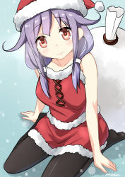 Rule 34 | 10s, 1girl, absurdres, bare legs, hair tubes, hat, highres, kantai collection, looking at viewer, low twintails, pantyhose, purple hair, red hair, ryuki (ryukisukune), sack, santa costume, santa hat, skirt, skirt set, smile, solo, taigei (kancolle), twintails
