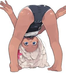 Rule 34 | 10s, 1girl, :d, ass, barefoot, bent over, black school swimsuit, black one-piece swimsuit, blue eyes, cameltoe, commentary, flower, from behind, full body, hair flower, hair ornament, highres, kantai collection, kneepits, legs apart, looking at viewer, looking through own legs, one-piece swimsuit, one-piece tan, open mouth, ro-500 (kancolle), school swimsuit, simple background, smile, solo, swimsuit, swimsuit under clothes, tan, tanline, wataro (watawatawatapon), white background, white hair