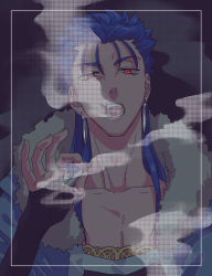 Rule 34 | 1boy, angry, blue hair, collarbone, cu chulainn (fate), cu chulainn (caster) (fate), earrings, fangs, fate/grand order, fate (series), fur-trimmed hood, fur trim, highres, hood, hood down, jewelry, cu chulainn (fate/stay night), long hair, looking at viewer, male focus, namo, open mouth, red eyes, smoke, smoking, solo, spiked hair, type-moon