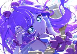 Rule 34 | 1girl, ahoge, air bubble, arm up, backlighting, blue eyes, bow, bubble, commentary request, floating hair, hair bow, hand up, highres, idol clothes, long hair, looking at viewer, manaka laala, milon cas, parted lips, pink bow, pretty series, pripara, purple hair, solo, sparkle, twintails, upper body, very long hair, white background