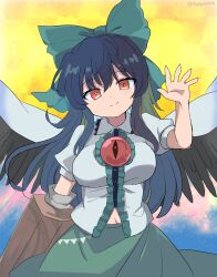 Rule 34 | 1girl, arm cannon, bird wings, black hair, black wings, bow, breasts, bright pupils, cape, center frills, closed mouth, cowboy shot, frills, green bow, hair bow, highres, large breasts, long hair, looking at viewer, navel, ramudia (lamyun), red eyes, reiuji utsuho, sidelocks, smile, solo, standing, touhou, weapon, white cape, white pupils, wings