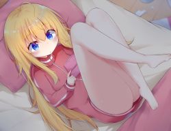 Rule 34 | 10s, 1girl, :/, barefoot, blonde hair, blue eyes, blurry, blush, closed mouth, crossed legs, depth of field, from above, frown, full body, gabriel dropout, gabriel tenma white, hair between eyes, handheld game console, highres, kyuukon (qkonsan), long hair, long sleeves, lying, on back, on bed, pillow, playing games, solo, very long hair, wooden floor