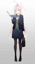 Rule 34 | 1girl, absurdres, ahoge, azegome, bag, bags under eyes, black pantyhose, blonde hair, blue archive, blue bow, blue bowtie, book, bow, bowtie, breasts, earphones, empty eyes, expressionless, full body, gradient hair, halo, hanako (blue archive), highres, holding, holding bag, holding book, jacket, large breasts, long braid, long hair, multicolored hair, open clothes, open jacket, out of character, pantyhose, pink hair, plaid, plaid skirt, pleated skirt, school uniform, skirt, solo, straight hair, very long hair