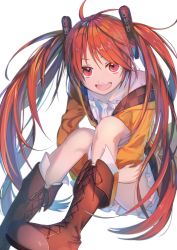 Rule 34 | 1girl, absurdres, aihara enju, black bullet, boots, commentary, hair ornament, highres, hikari50503, jacket, long hair, looking at viewer, open mouth, orange hair, red eyes, sitting, smile, solo, twintails, white background
