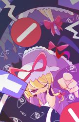 Rule 34 | 1girl, blonde hair, bow, breasts, chen, cleavage, covering own mouth, deformed, dress, eyelashes, female focus, folded fan, folding fan, footwear bow, frilled dress, frills, from above, gap (touhou), hair bow, hand fan, hat, hat ribbon, highres, large breasts, legs, looking at viewer, looking up, mob cap, multiple tails, one eye closed, op na yarou, pointing, purple dress, purple eyes, purple footwear, ribbon, road sign, serious, shoes, sign, socks, solo, tail, touhou, two tails, yakumo ran, yakumo yukari