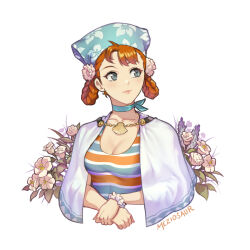 Rule 34 | 1girl, annette fantine dominic, artist name, bandana, blue eyes, braided hair rings, breasts, capelet, cleavage, closed mouth, collarbone, cropped torso, fire emblem, fire emblem: three houses, fire emblem warriors: three hopes, floral print, flower, hair flower, hair ornament, lips, looking to the side, medium breasts, meziosaur, nintendo, orange hair, scoop neck, seashell, shell, shirt, simple background, solo, striped clothes, striped shirt, upper body