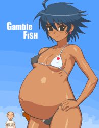 Rule 34 | 1boy, 1girl, bikini, blue hair, dark-skinned female, dark skin, gamble fish, happy, looking at viewer, lowres, oekaki, pregnant, short hair, solo, swimsuit, tenseiani, tsukiyono yuka