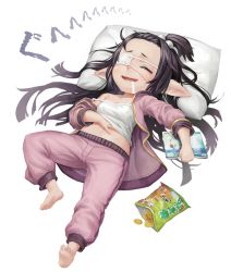 Rule 34 | 1girl, bare shoulders, barefoot, black hair, blush, book, camisole, censored, chips (food), closed eyes, drooling, eyepatch, food, from above, full body, granblue fantasy, hand on own stomach, harvin, holding, holding book, long hair, lunalu (granblue fantasy), lying, medical eyepatch, mosaic censoring, navel, on back, open clothes, open mouth, open shirt, pants, pillow, pointy ears, potato chips, purple pants, saliva, scotishfold, sleeping, solo, strap slip, very long hair, white background