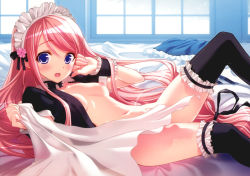 Rule 34 | bed, bed sheet, blouse, blush, bottomless, breasts, censored, convenient censoring, covered erect nipples, highres, kasukabe akira, long hair, lying, maid, maid headdress, nipples, no bra, no panties, open clothes, open mouth, open shirt, pink hair, purple eyes, sakura nanako, sakura sakura, shirt, thighhighs, very long hair, window, wrist cuffs