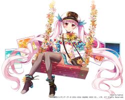 Rule 34 | 1girl, :o, ankle boots, artist name, bag, bare shoulders, black footwear, black hat, blue choker, blue skirt, blunt bangs, blush, boots, bright pupils, cabbie hat, choker, collarbone, flower, frilled sleeves, frills, full body, hat, kai-ri-sei million arthur, long hair, looking at viewer, million arthur (series), miniskirt, nyanya, off-shoulder shirt, off shoulder, official art, parted lips, photo (object), pink hair, puffy short sleeves, puffy sleeves, red eyes, shirt, short sleeves, shoulder bag, simple background, sitting, skirt, solo, striped clothes, striped thighhighs, swing, tareme, thighhighs, twintails, vertical-striped clothes, vertical-striped thighhighs, very long hair, white background, white shirt, wrist cuffs, zettai ryouiki