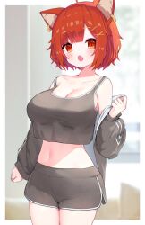 Rule 34 | 1girl, animal ear fluff, bare shoulders, blunt bangs, blush, breasts, cowboy shot, crop top, dolphin shorts, earrings, fang, grey jacket, grey shorts, grey tank top, hair ornament, hairclip, highres, jacket, jewelry, kuro kokujyou, large breasts, looking at viewer, midriff, mole, mole on stomach, navel, nijisanji, off shoulder, open clothes, open jacket, open mouth, ratna petit, red eyes, red hair, red panda ears, red panda girl, short hair, shorts, skin fang, solo, stomach, tank top, virtual youtuber, x hair ornament