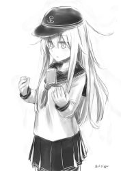 Rule 34 | 10s, 1girl, anchor symbol, collarbone, cowboy shot, gou (double trigger), greyscale, hair between eyes, hat, hibiki (kancolle), highres, kantai collection, long hair, monochrome, open mouth, pantyhose, pleated skirt, school uniform, simple background, skirt, solo, tawawa challenge, twitter username, uniform, white background, you&#039;re doing it wrong