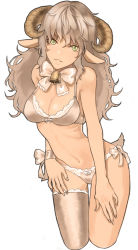 Rule 34 | 1girl, animal ears, bad id, bad pixiv id, bell, bow, bra, breasts, cleavage, collar, green eyes, grey hair, horns, lingerie, long hair, looking at viewer, mole, mole under eye, navel, neck bell, original, otuming, panties, parted lips, sheep ears, sheep girl, sheep horns, sheep tail, simple background, single thighhigh, solo, tail, thigh gap, thighhighs, underwear, underwear only, white background