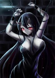 Rule 34 | 10s, 1girl, abyssal ship, arms up, battleship princess, black dress, black hair, blush, breasts, chain, dress, horns, kantai collection, large breasts, long hair, loussier666, nail polish, pale skin, red eyes, restrained, skin-covered horns, solo, spaghetti strap, very long hair