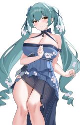 Rule 34 | 1girl, aqua hair, bare shoulders, blue dress, blush, breasts, brown eyes, choker, cleavage, closed mouth, collarbone, dress, drill hair, feet out of frame, floral print, from below, goddess of victory: nikke, halter dress, halterneck, highres, large breasts, long hair, looking at viewer, off-shoulder dress, off shoulder, privaty (banquet princess) (nikke), privaty (nikke), see-through, see-through skirt, simple background, skindentation, skirt, smile, solo, twin drills, twintails, very long hair, white background, wide hips, xi oshir1