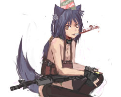 Rule 34 | 1girl, animal ears, assault rifle, black thighhighs, breasts, bullet, cleavage, collar, dog ears, dog tail, fang, fingerless gloves, galil ar (upotte!!), gloves, gun, hair ribbon, happy birthday, hat, highres, imi galil, load bearing vest, long hair, magazine (weapon), panties, panties (pantsu-pirate), pantyshot, party hat, ribbon, rifle, sitting, solo, tail, thighhighs, topless, underwear, upotte!!, weapon