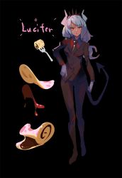 Rule 34 | 1girl, black background, black footwear, black hairband, black jacket, black necktie, black pants, breasts, character name, chocolate, closed mouth, demon girl, demon tail, donuttypd, english text, female focus, food, fork, formal, full body, gloves, grey gloves, grey hair, hairband, hand on own hip, helltaker, horns, jacket, long hair, long sleeves, looking at viewer, lucifer (helltaker), medium breasts, mole, mole under eye, necktie, pancake, pants, pentagram, red eyes, red shirt, shirt, shoes, simple background, sketch, solo, spikes, standing, star (symbol), suit, tail, v-shaped eyebrows