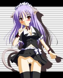 Rule 34 | 1girl, animal ears, artist request, black jacket, black skirt, black thighhighs, blouse, blush, bow, breasts, brown eyes, cat tail, character request, cleavage, cleft of venus, clothes lift, collared jacket, collared shirt, copyright request, dot nose, female focus, frills, frown, gluteal fold, hair between eyes, jacket, kemonomimi mode, long hair, maid headdress, medium breasts, midriff peek, navel, no panties, pleated skirt, purple hair, pussy, shadow, shirt, skirt, skirt lift, solo, tagme, tail, thighhighs, uncensored, white shirt